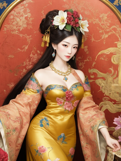 优雅的中国古代贵妇，渐变色掐丝珐琅，彩色鎏金珐琅花艺，洛可可，新艺术时期的奢华珠宝，有光泽的贝母，艳丽的色调，浪漫赋予神秘的效果，华丽，流光溢彩，全景构图
