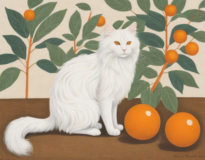 白色长毛猫与橘子卡通插画