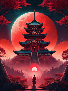 Scif共鸣。另一个世界。电影。Ominous山，数字艺术，灵感来自Cyril Rolando，数字艺术、血红月亮、森林、日本寺庙、哔哔声和jeremiah ketner，对称数字插图，现实主义|哔哔声，过度细节艺术，音乐专辑艺术