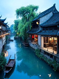 画面呈现一个古代江南水乡的场景，屋檐下垂柳，小桥流水，春雨纷飞。然而，与现实不同的是，古建筑和小船上生长着许多蓝色荧光蘑菇，蘑菇发出幽蓝的光芒