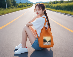 麻花辫女孩，帆布包，运动鞋，环岛公路