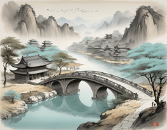 一座超级大的石拱桥，湖泊，农民，远处有很多中国建筑，中国美学，宋代壁画，极简主义，宋徽宗，超现实主义的中国建筑，青绿色和浅大米色调，历史绘画，超精细的细节，东方美学，山水画