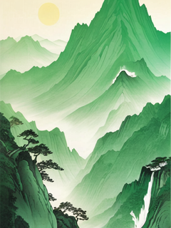 中式美学，上春山，古风，国风插画，极简插画，颗粒感，艺术，意境，白色和浅绿色晕染色调