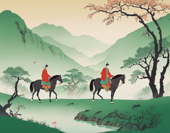 中式美学，古风，国风插画，极简插画，颗粒感，艺术，意境，春山，绿山，非常小的两个骑马人