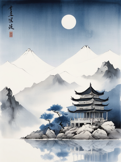 新中式，国风插画，古风，艺术，蓝色色调，压倒性的平静感，亭台楼阁，山脉，大理石，白色空间，极简主义，极简主义构图，装饰艺术，陈家冷，浪漫的古代