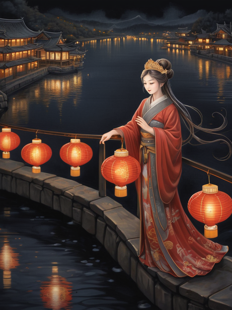夜晚河边的女子古风历史插图