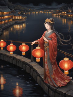 夜晚的金色公主，深白色和深灰色，红灯笼，写实渲染，历史插图，流动的线条，古风