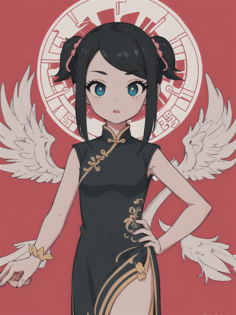 黑色旗袍卡通女孩工笔画