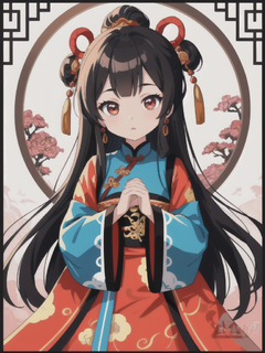 9 岁中国卡通女孩的工笔画，黑色头发，传统发饰，清朝服饰