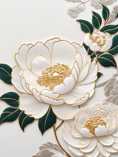 国风插画，锦绣，光泽感，中式美学，意境，肌理感，丝线，凸起的表面，国风刺绣，白色洋牡丹，小清新，柔和配色，哑光白色背景，清晰的线条，古风，海报感，白色金线背景，