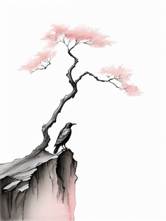 黑色枯树枝，极简色块悬崖，一个微型小人，微距拍摄，纯白背景，水墨意境，景深透视，极简，ar 3:4，风格化180，宏观镜头，图片右侧大面积留白，粉色调