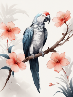 彩色鹦鹉，治愈系插画，鹦鹉插画，国风插画，水墨树枝和花，艺术画，花鸟图，包装插画，浅色色调，奇域园艺与花鸟，国风