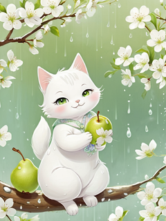白色梨花，白色猫咪，卡通插画，卡通线条小女孩，春雨，浅绿色和白色色调，丰富的画面，彩色编码的插图，浅色背景--ar3:4-style raw--style 750--v6.0，卡用可爱壁纸，春分，梨花仙子