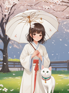 满屏白色梨花，卡通插画，简约线条小女孩与白猫，油伞，白色色调，丰富的画面，浅色晕染背景，彩色编码的插图，浅色背景--ar3:4-style raw--style 750--v6.0，卡用可爱壁纸，