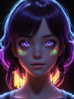一个漫画少女，五彩发，冷峻的脸，紫色瞳孔，纯黑色背景，动漫头像，侧光，光粒子，壁纸