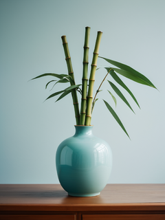 木头桌子，青瓷花瓶，插着两三根绿竹叶，中国风，东方美学，浅蓝色和白色，白色背景，中式古风，极简风