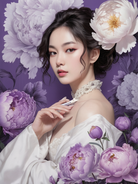 牡丹花包围下的女子精细画作