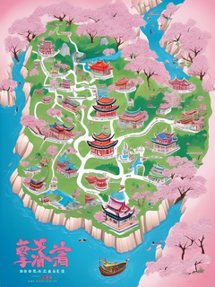 “重庆”地区信息图，春天和樱花，洪崖洞、大足石刻、长江三峡的地图，并以清晰的字体“重庆”字样设计为信息图，粉色，蓝色，卡通插画，高品质