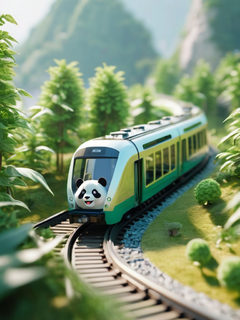 一列由透明玻璃制成的火车，载着可爱的熊猫，森林，现代城市，明亮柔和的颜色，柔和的自然光，3D渲染微缩模型，微型立体模型，绿色，丰富多彩，未来主义，明亮的阳光，UE，Sinsing Render，Blender，--s 400-ar 3:4--v 6.0
