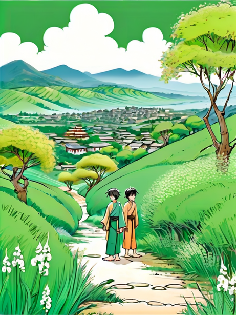 村庄与牧童卡通书籍插画