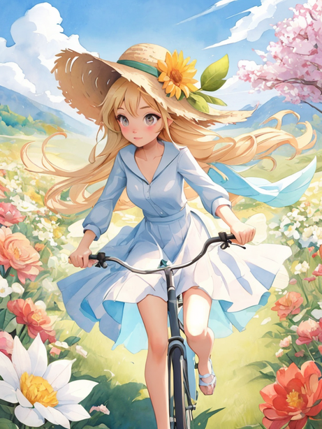 春日里骑单车的花仙子水彩插画