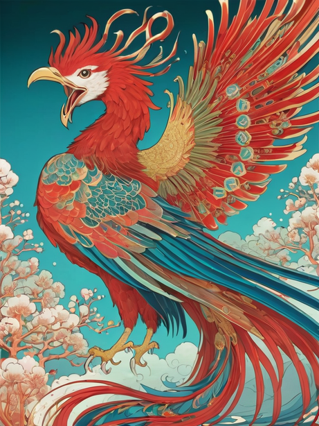 古风插画彩色明亮的凤凰图