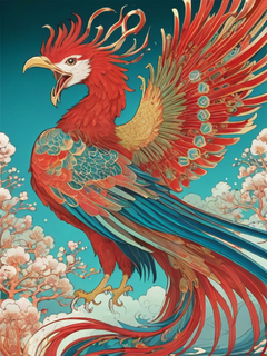 红色中国凤凰，多色，彩色，明亮的颜色，Victo Ngai风格，令人惊叹的细节，古风插画