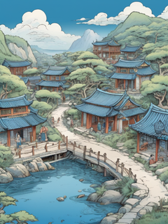 一幅中国古老村庄的插图，宁静的花园景观，浅海军蓝和浅海蓝，古典主题，田园魅力，充满活力，宋代风格，历史重新想象，参与式，考古对象，梦幻般的氛围，创新的页面设计，异想天开的漫画风格，有趣的漫画插图风格--ar 3:4