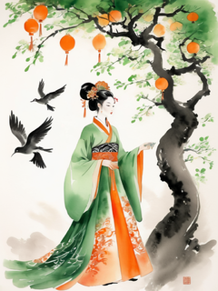 梨树下站着一位古装美女，鸟飞过，中式美学，橙色和绿色，彩色