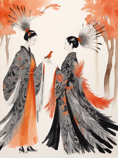 羽毛装妇人中式美学水彩插画
