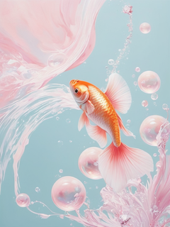 梦幻般的美感，色彩以柔和的粉色和白色调为主，
金鱼看起来像是用水晶和珍珠装饰过，体表闪耀着光芒，透出一种高级和精致的感觉。
设计中还包含了流动的水元素和泡泡，增添了一种轻盈和动态的效果
