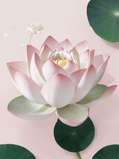 一朵荷花，浅粉色和白色渐变色，半透明纹理风格，平面插图，白色背景，极简构图，高清分辨率。荷叶柔软，显优雅，宁静的氛围