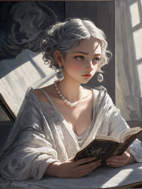 阳光下看书的银发少女油画