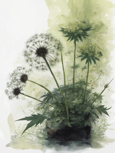 绿色蒲公英水墨水彩画