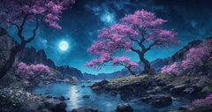 moonriver, scenery, sky, night, star (sky), starry sky, outdoors, water, night sky, nature, rock, glowing, A tree full of flowers, no humans, blue theme, river, 