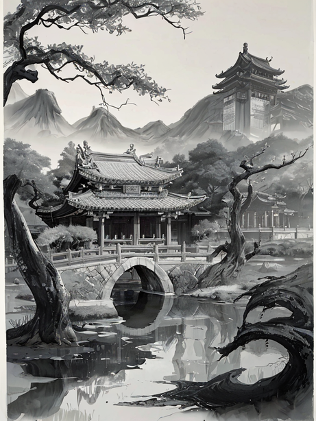 中式园林建筑鎏金水墨艺术