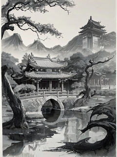 鎏金水墨，艺术画，流体水墨，鎏金艺术，中式，水墨留白，极简主义，刺绣风格，低饱和度，低对比度，镀金艺术，陈继灵、张大千，中国美学构思，苏州园林建筑，留白，高透视，杰作，诗意，8k，超高品质