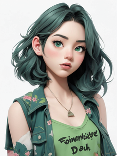 一个穿着绿色花衬衫的少女卡通插图，，以垃圾美女的风格，sandara tang，混合图案，文本和表情符号装置，特写，迷人的人物插图，民俗