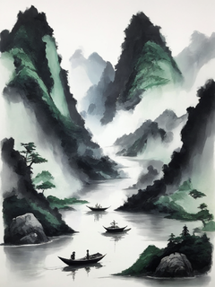 青山绿水，小船，水墨画，晕染，年轮，泼墨，中式禅意，极简，留白，大气，水雾弥漫，高品质