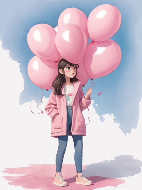 拿着气球的女孩粉色水彩画