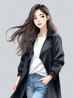 一个穿着黑色大号夹克和宽松牛仔裤的可爱女孩，长发飘逸，全身照，白色背景，可爱的卡通人物，水彩技术制图，插画风格，干净背景，极简插画，niji 6