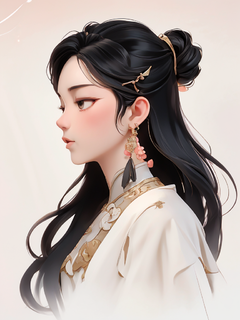 现代与古风结合，一个中国女人，长发飘逸，戴流苏耳环和发簪，侧脸，抽象绘画，禅宗，插图风格，光抽象的封面艺术，简单的矢量艺术，当代中国艺术，色彩渐变，柔和的调色板，低饱和度，新中式，氛围感，分层的形式，异想天开的动画，风格以太抽象，niji 5，s 400
