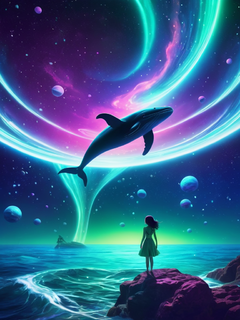 三维秘境，梦幻蓝紫，超现实主义，点彩，广角，发光效果，X-ray,一只巨大的鲸飞快地漂浮太空中，优雅动感的姿态，背景中充满了闪烁的星座，营造出一种另类的氛围，动漫风格，幻想世界，梦幻心情，规则曲线，璀璨星空，绿色荧光，高清，一个小女孩站在海底，周围环绕着漩涡，星系