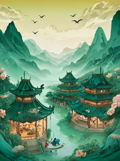 中国传统图案背景，雨季大雨，飞燕，遥远的山川，骑在水牛背上的玩偶，山脚下的小房子上盛开的花朵，浅绿色的渐变天空，整体配色以绿色和金色为主。插图风格线条细腻，曲线流畅，给人一种神秘感。插画风格高清细节、鱼眼镜头、单点透视、超高清、超细节