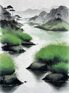 吴冠中风格的中国画，水墨意境，清明场景，郊游，浅绿色的草地晕染，河流，白色的背景，浅色五颜六色，构图简单，中国的笔触，30%大面积留白构图，宣纸纹理，v 6.0