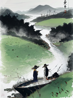 吴冠中风格的中国画，水墨意境，清明场景，郊游，浅绿色的草地晕染和河流，白色的背景，穿着五颜六色衣服的众人，构图简单，中国的笔触，30%大面积留白构图，宣纸纹理，v 6.0