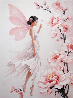 花仙子，花姑子，法式浪漫，新工笔，拼贴，超精细的画作，质感最好，精致，大面积留白，粉色，白色统一色调，中国风，清新简约