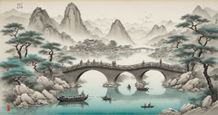 一座超石拱桥，湖泊，渔民，远处有很多中国建筑，中国美学，宋代壁画，极简主义，宋徽宗，超现实主义的中国建筑，青绿色和浅大米色调，历史绘画，超精细的细节，东方美学，山水画