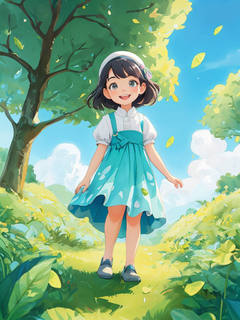 节日乡村中国，绿叶上的露水，草地上的超可爱小女孩，柔和的淡蓝色和淡白色，明亮的背景，清晰的背景趋势，清晰的轮廓光，框架顶部的白色空间，平面插图，Victo Nagi风格，16k，ar 3:4，g2，niji 5