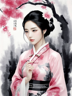 美女，害羞，粉色和白色旗袍，中国古风风格，水墨画